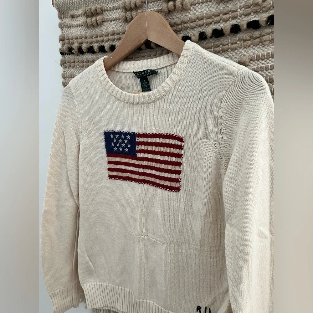 Vintage Rare Green Tag 90S Ralph Lauren Ivory Flag Knitted Sweater - Picture 3 of 15